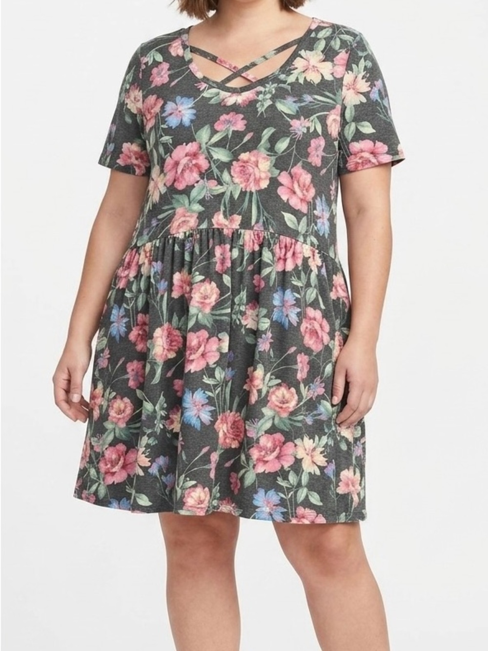 gain Floral Criss Cross Neck Empire Waist Dress Plus Size 3XL Boho Chic